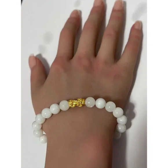 24K Gold Piyao Pixiu Dragon Bracelet Gemstone Birthstones Moonstone 8mm S 6.5" - Picture 5 of 5